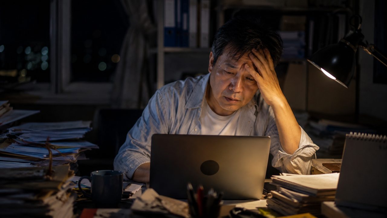Người đàn ông trung niên mệt mỏi, lo âu vì áp lực và lối sống thiếu lành mạnh