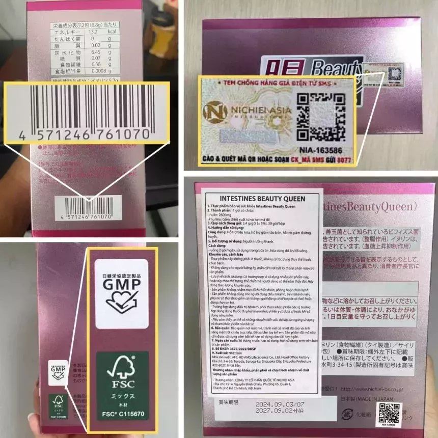 Bao bì Men Inulin với 5 lớp xác thực: tem QR Nichiei, mã vạch quốc tế, GMP, FSC, ĐKSP BYT, MADE IN JAPAN